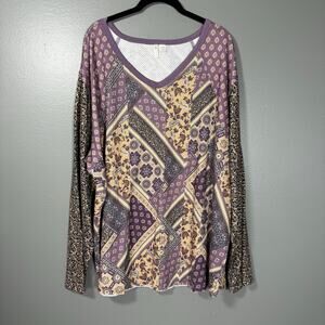 Cato Purple Patchwork Raglan Sleeve Boho Cottage Top - 26/28W - Womens Plus Size